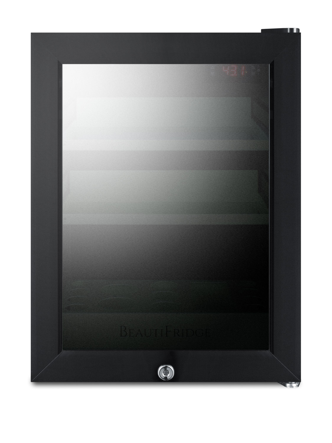 BeautiFridge compact cosmetics cooler with mirror-tinted glass door, black cabinet, lock, glossy mint shelves, and digital controls set for the storage of beauty products